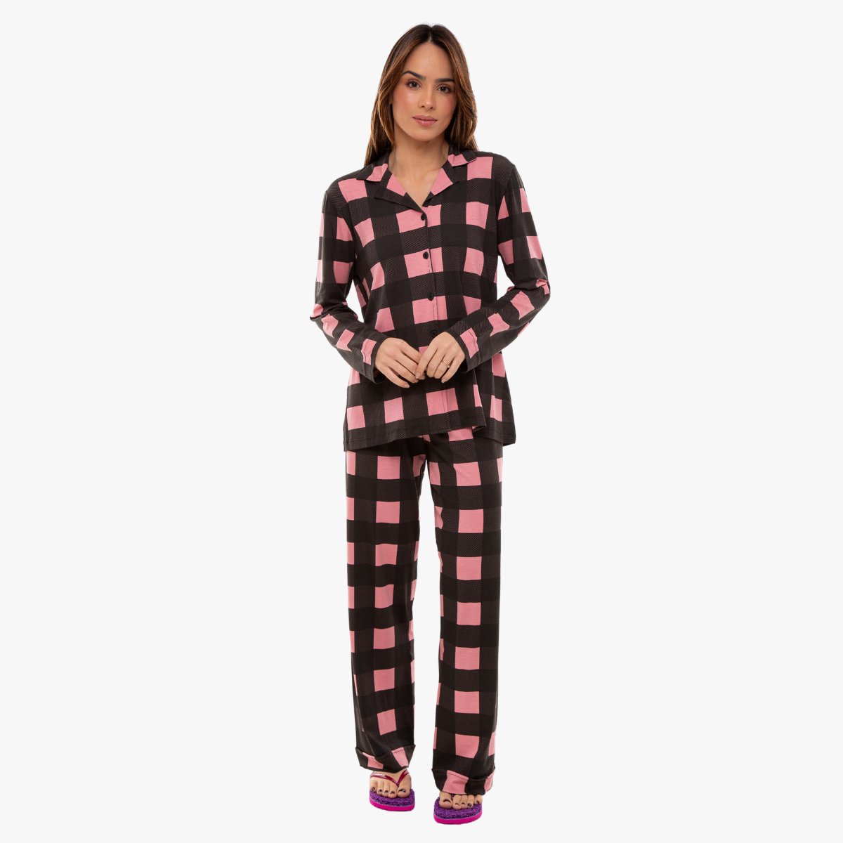 Pijama Feminino Cardigan Longo Xadrez Rosa