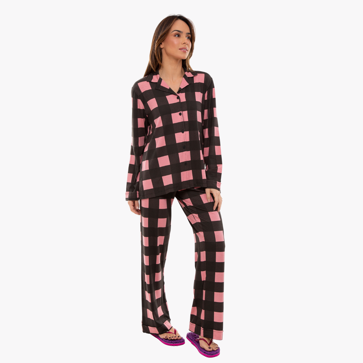 Pijama Feminino Cardigan Longo Xadrez Rosa