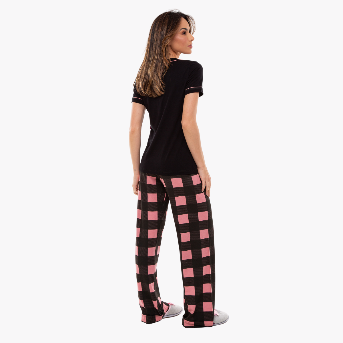 Pijama Feminino Manga Curta com Calça Xadrez Rosa