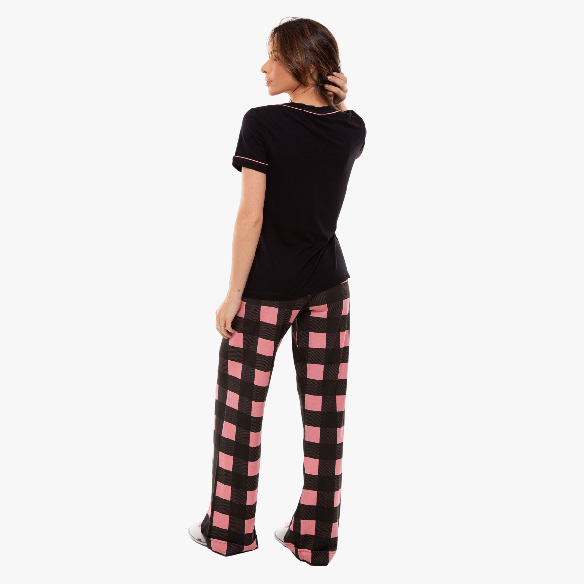 Pijama Feminino Manga Curta com Calça Xadrez Rosa