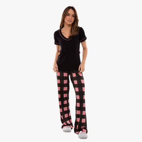 Pijama Feminino Manga Curta com Calça Xadrez Rosa