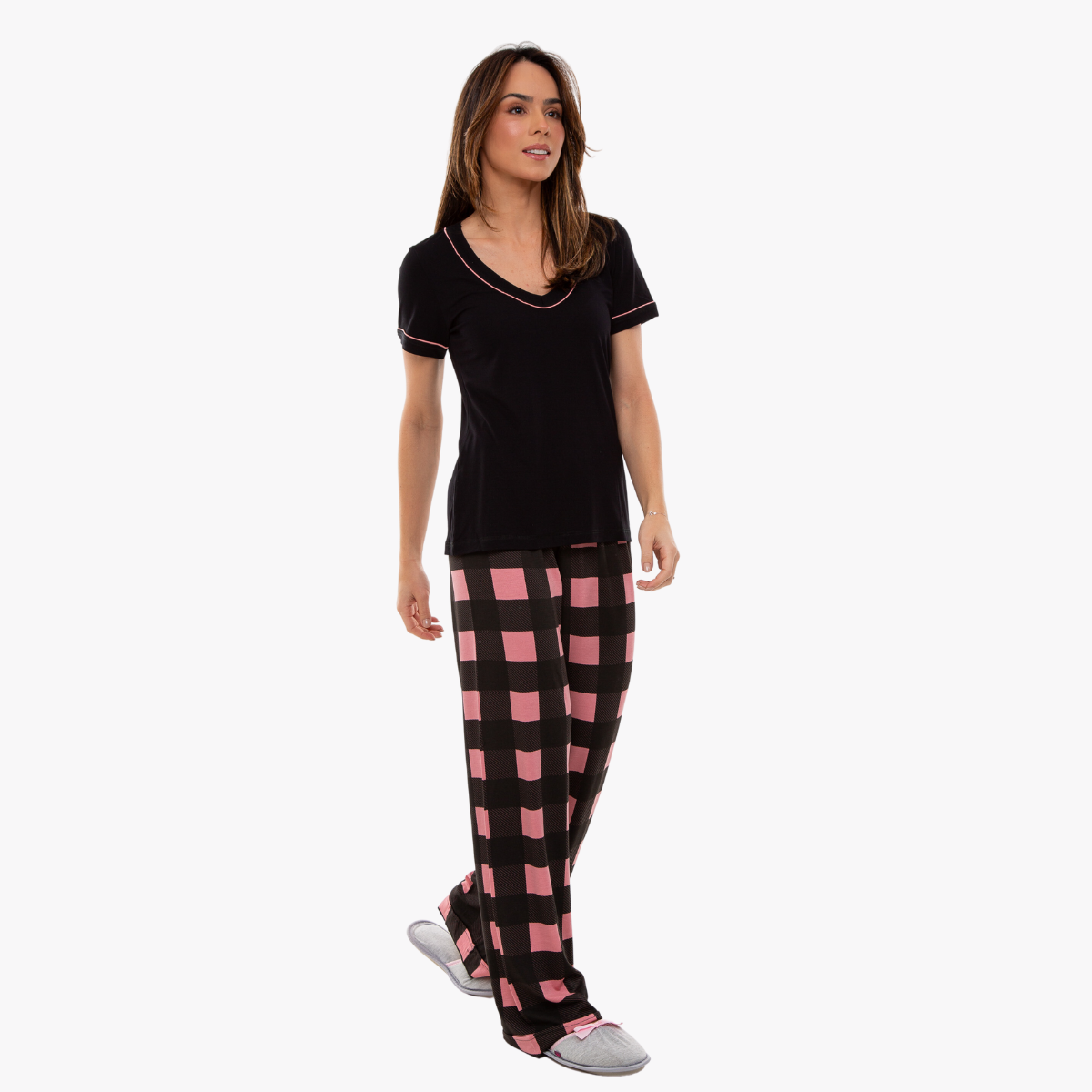 Pijama Feminino Manga Curta com Calça Xadrez Rosa